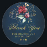 Romantic Watercolor Burgundy Red Navy Floral Classic Round Sticker<br><div class="desc">Elegant and modern romantic watercolor floral wedding thank you sticker features a bouquet of burgundy / Marsala , blush pink, peach watercolor roses with matching foliage on navy background. Perfect for a fall / midsummer wedding. Please find more matching designs and variations from my "blissweddingpaperie" store. And feel free to...</div>
