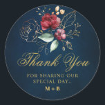 Romantic Watercolor Burgundy Red Navy Floral Classic Round Sticker<br><div class="desc">Elegant and modern romantic watercolor floral wedding thank you sticker features a bouquet of burgundy / Marsala , blush pink, peach watercolor roses with matching foliage on navy background. Perfect for a fall / midsummer wedding. Please find more matching designs and variations from my "blissweddingpaperie" store. And feel free to...</div>