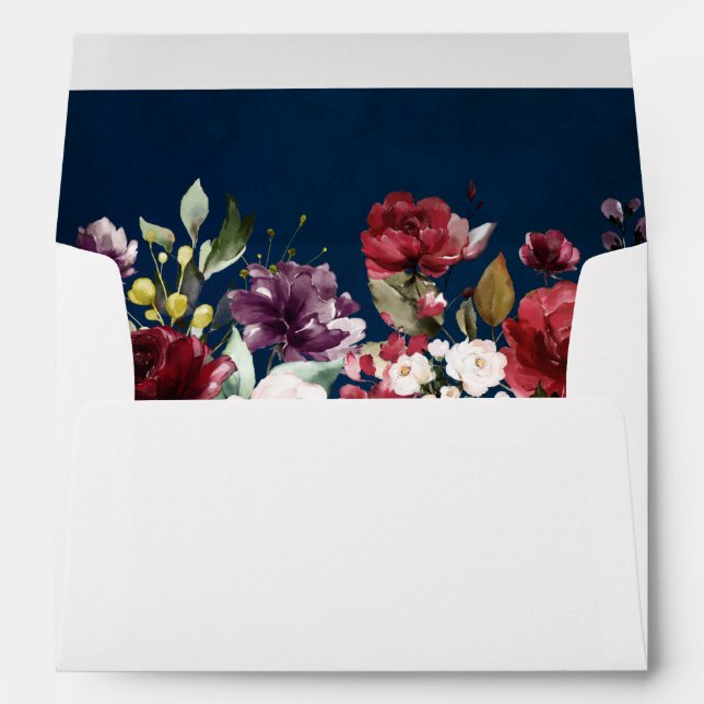 Romantic Watercolor Burgundy Red Navy Floral Envelope (Back (Bottom))