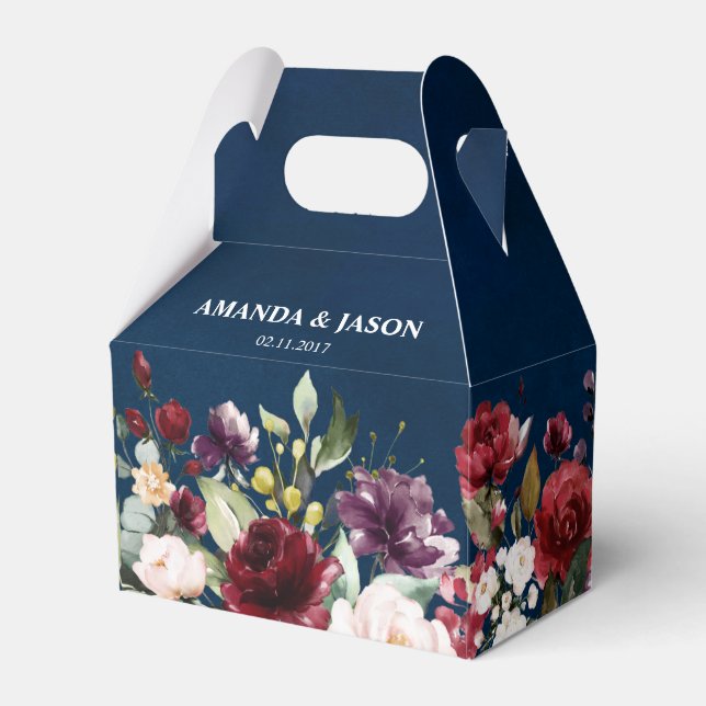 Romantic Watercolor Burgundy Red Navy Floral Favour Box (Front Side)