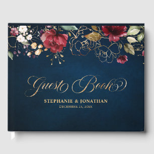Romantic Watercolor Burgundy Red Navy Floral Guest Book
