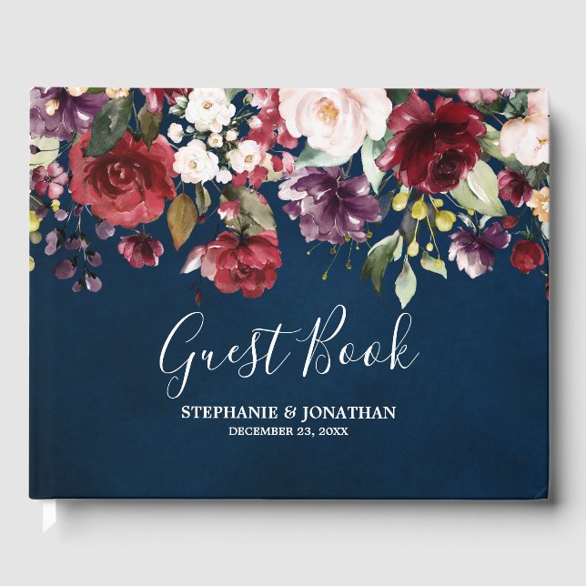 Romantic Watercolor Burgundy Red Navy Floral Guest Book (Front)