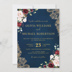 Romantic Watercolor Burgundy Red Navy Gold Floral Invitation