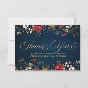 Romantic Watercolor Burgundy Red Navy Gold Floral Thank You Card