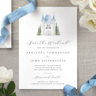 Romantic Watercolor Castle Weekend Wedding  Save The Date