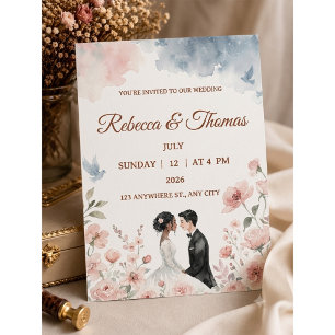 Romantic Watercolor Couple & Floral Wedding Invitation