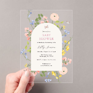 Romantic Watercolor Floral Baby Shower Acrylic Invitations