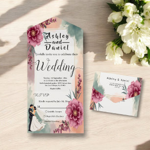 Romantic Watercolor Floral Bride And Groom Wedding All In One Invitation