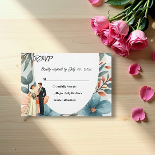 Romantic Watercolor Floral Bride And Groom Wedding RSVP Card