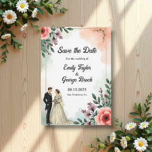 Romantic Watercolor Floral Bride And Groom Wedding Save The Date