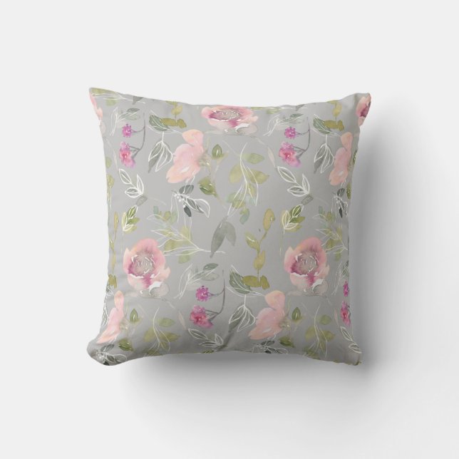 Romantic Watercolor Floral Doodle Throw Pillow (Front)