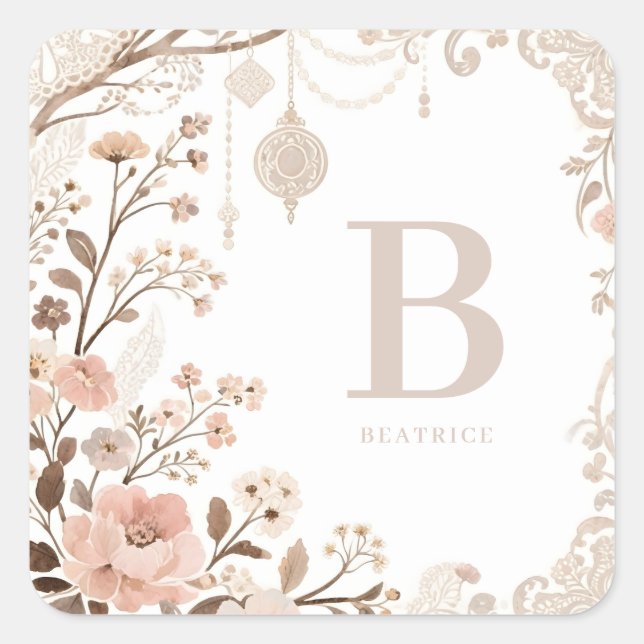 Romantic Watercolor Floral Filigree Design Square Sticker (Front)
