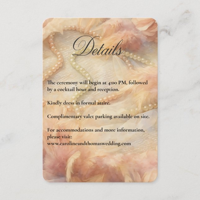 Romantic Watercolor Floral Pearls Feathers Wedding Enclosure Card (Front)