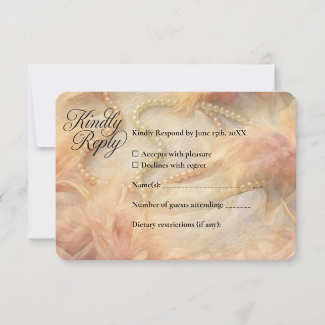 Romantic Watercolor Floral Pearls Feathers Wedding RSVP Card (Front)