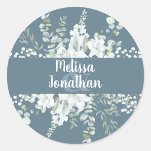 Romantic watercolor floral white flowers wedding   classic round sticker