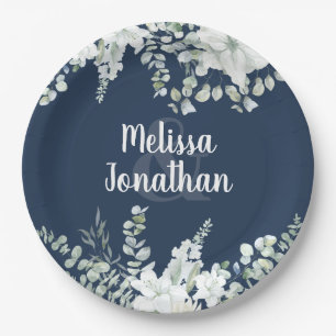 Romantic watercolor floral white flowers wedding paper plate
