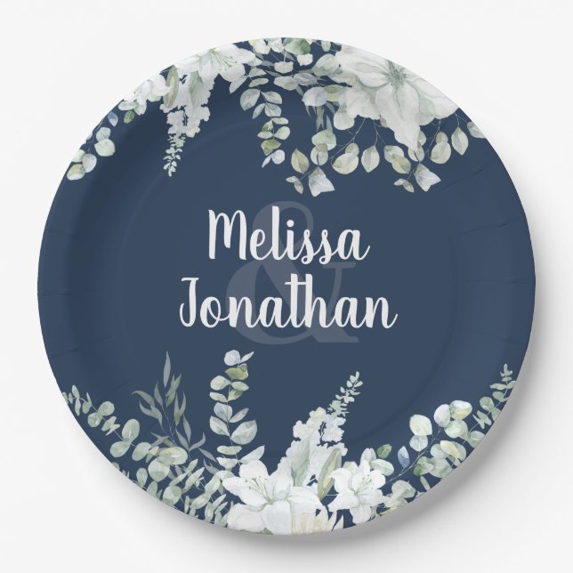 Romantic watercolor floral white flowers wedding paper plate (Front)