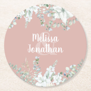 Romantic watercolor floral white flowers wedding  round paper coaster