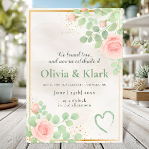 Romantic watercolor floral with pink roses wedding invitation