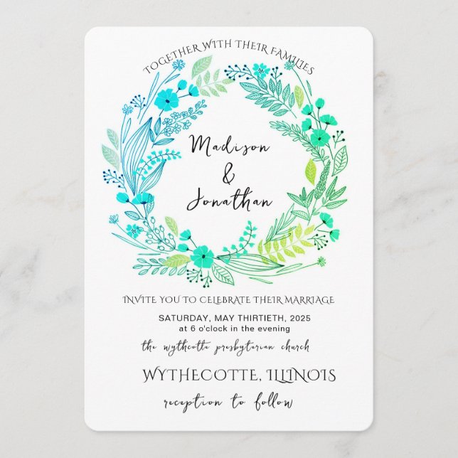 Romantic Watercolor Flower Wreath Wedding Invitation (Front)