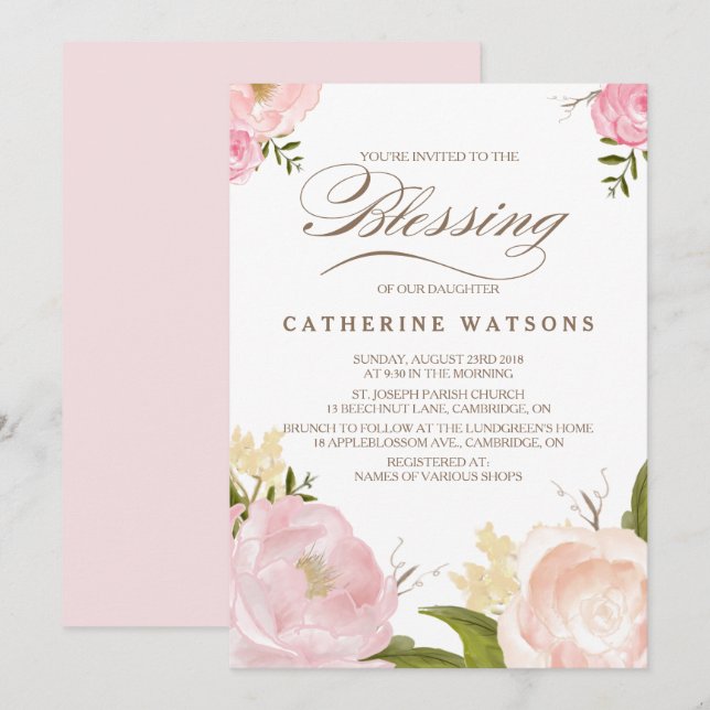 Romantic Watercolor Flowers Blessing Invitation (Front/Back)