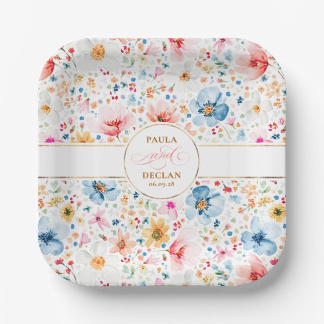 Romantic Watercolor Flowers Boho Garden Wedding Paper Plate (Front)