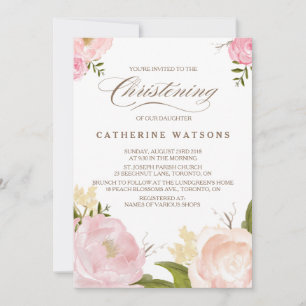Romantic Watercolor Flowers Christening Photo Invitation
