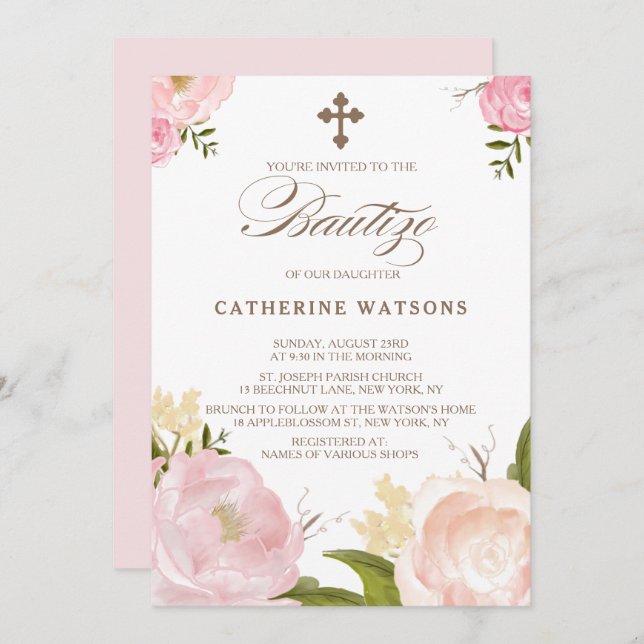 Romantic Watercolor Flowers & Cross Bautizo Invitation (Front/Back)