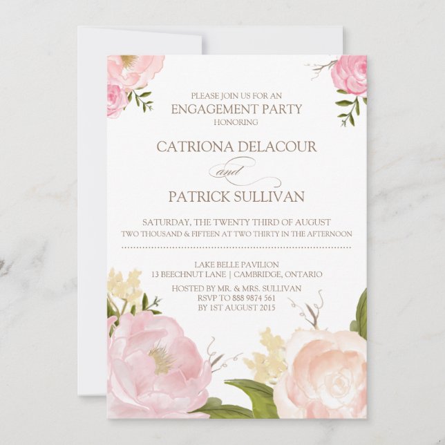 Romantic Watercolor Flowers Engagement Invitation (Front)