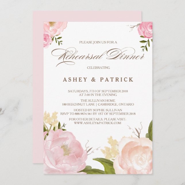 Romantic Watercolor Flowers Rehearsal Dinner Invitation (Front/Back)
