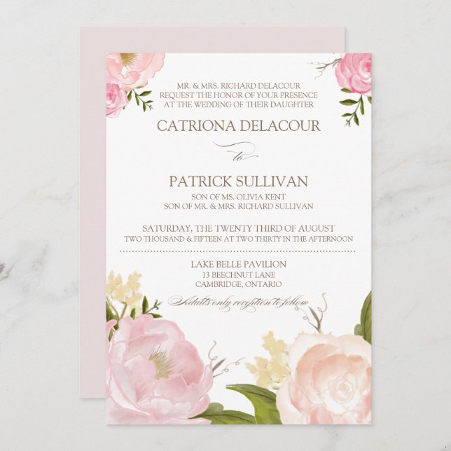 Romantic Watercolor Flowers Wedding Invitation V (Front/Back)