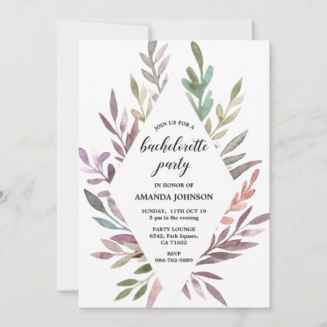 Romantic Watercolor Foliage Bachelorette Party Invitation (Front)