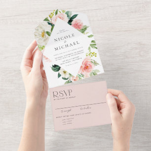 Romantic Watercolor Garden Flowers Frame Wedding All In One Invitation