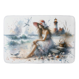 Romantic Watercolor Girl by Lighthouse Bath Mat