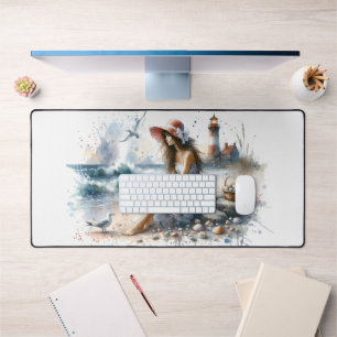 Romantic Watercolor Girl by Lighthouse Desk Mat