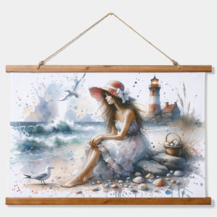 Romantic Watercolor Girl by Lighthouse Hanging Tapestry