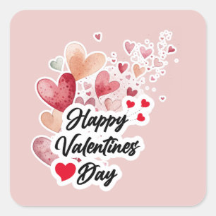 Romantic Watercolor Hearts "Happy Valentines Day" Square Sticker
