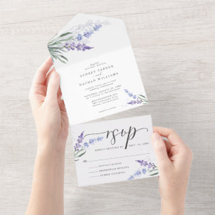 Romantic Watercolor Lavender Floral Wedding All In One Invitation