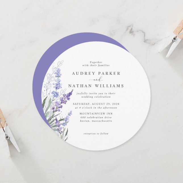 Romantic Watercolor Lavender Floral Wedding Invitation (Front/Back In Situ)