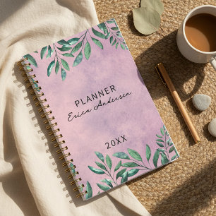 Romantic Watercolor Leafy Green Branches On Pink Planner