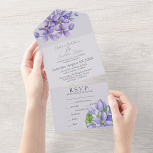 Romantic Watercolor Lilac Flowers on Purple All In One Invitation