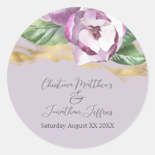 Romantic Watercolor Magnolia on Purple Classic Round Sticker