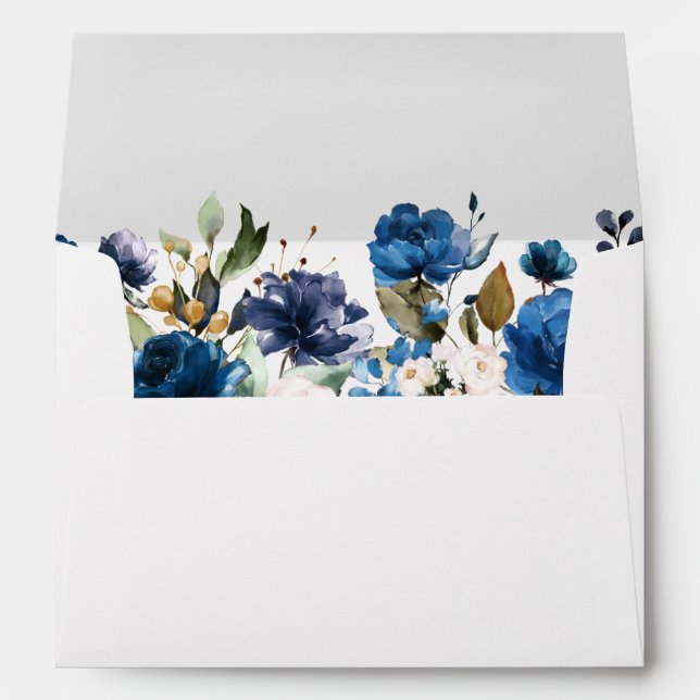 Romantic Watercolor Navy blue Blush Rose Floral Envelope (Back (Bottom))