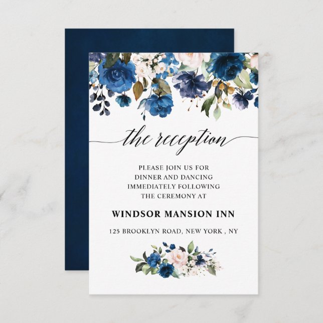 Romantic Watercolor Navy Blue Blush Rose Floral Invitation (Front/Back)