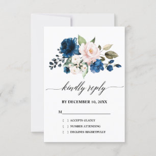 Romantic Watercolor Navy Blue Blush Rose Floral RSVP Card