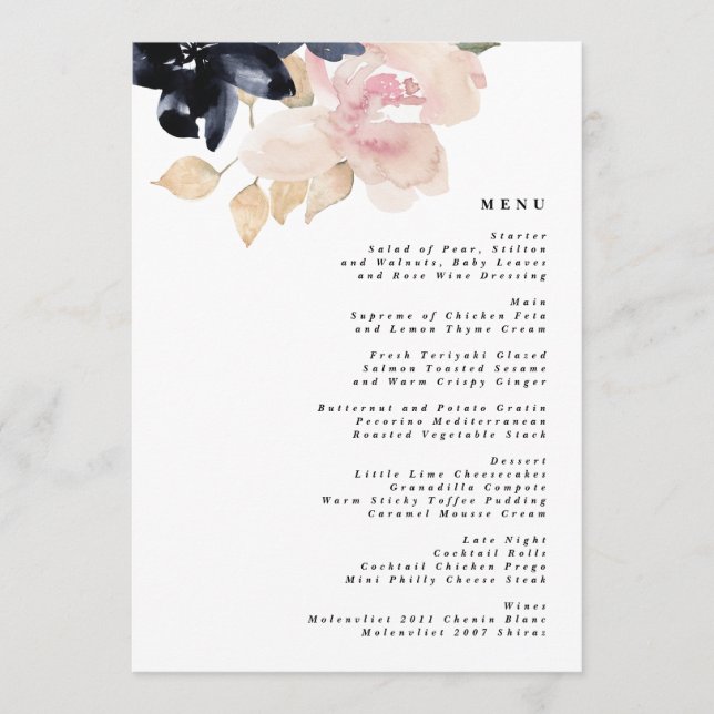 Romantic Watercolor Navy Florals Wedding Menu (Front)