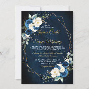 Romantic Watercolor Navy Ivory Floral Geometric Invitation