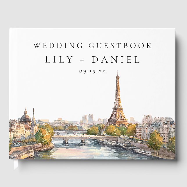 Romantic Watercolor Paris France Wedding Guest Book (Front)