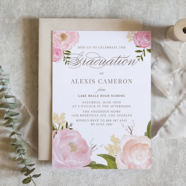 Romantic Watercolor Peonies Graduation Invitation (Customizable floral graduation invitation featuring watercolor blush pink flowers.)