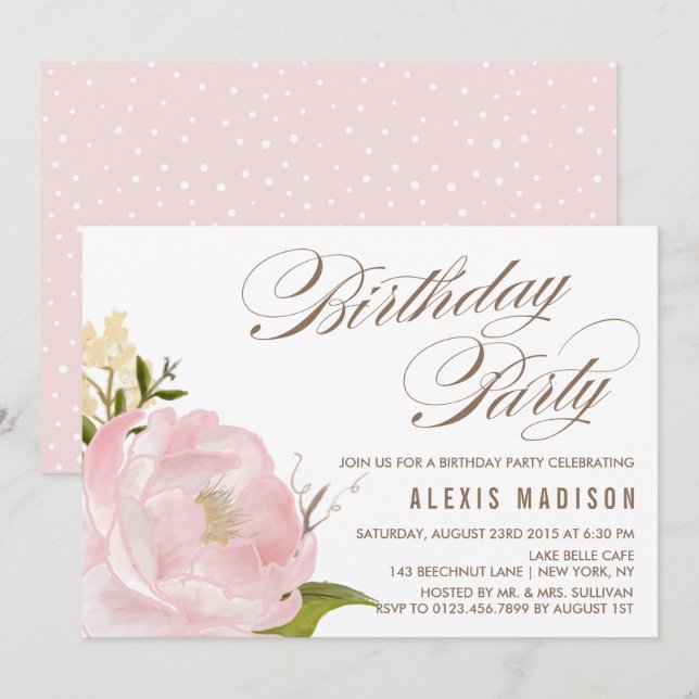 Romantic Watercolor Peony Flower Birthday Party Invitation (Front/Back)